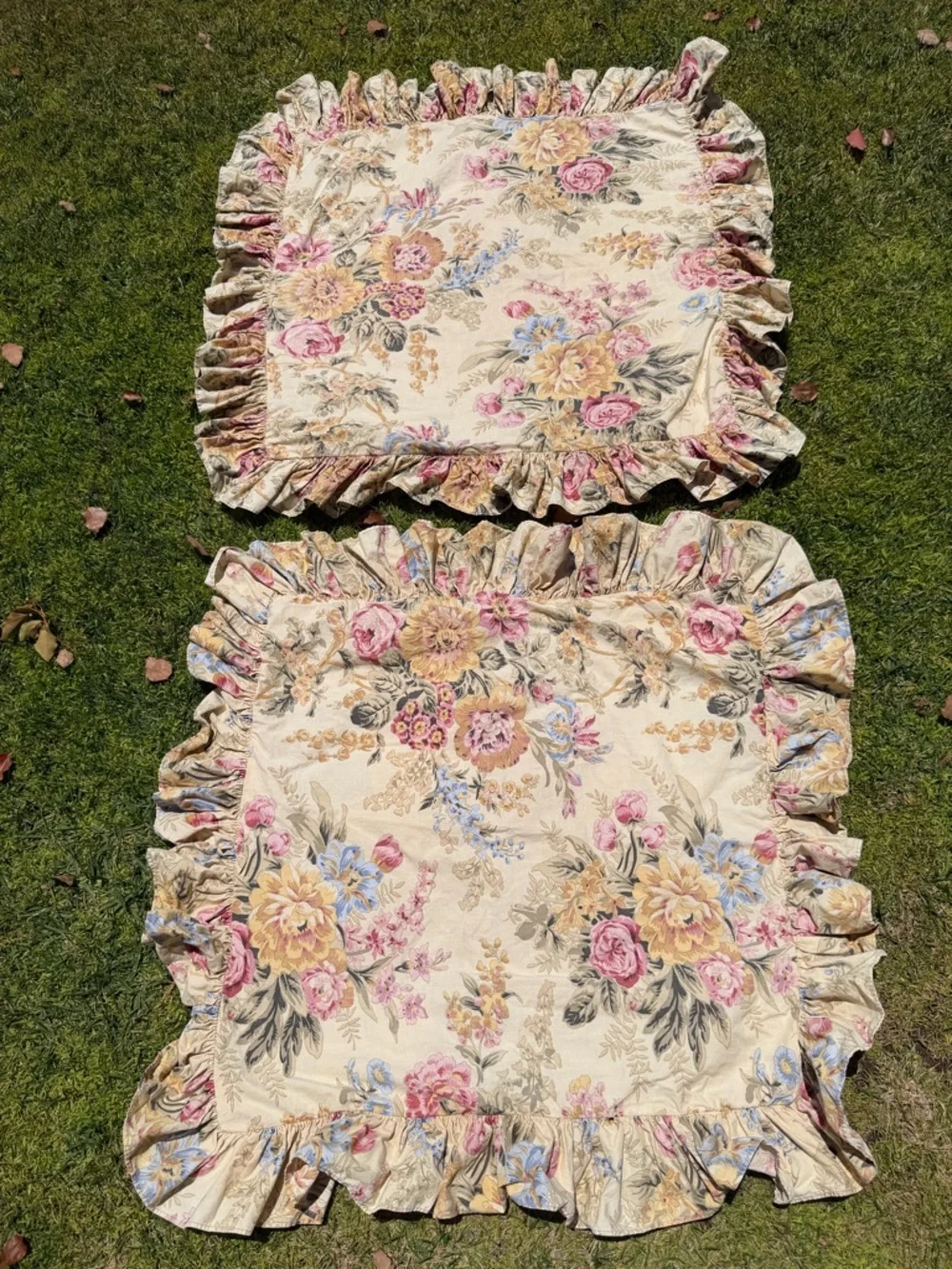 VTG Ralph Lauren Astor 3-Piece Ruffled Duvet Set Tan Pink Floral King Size FLAWS
